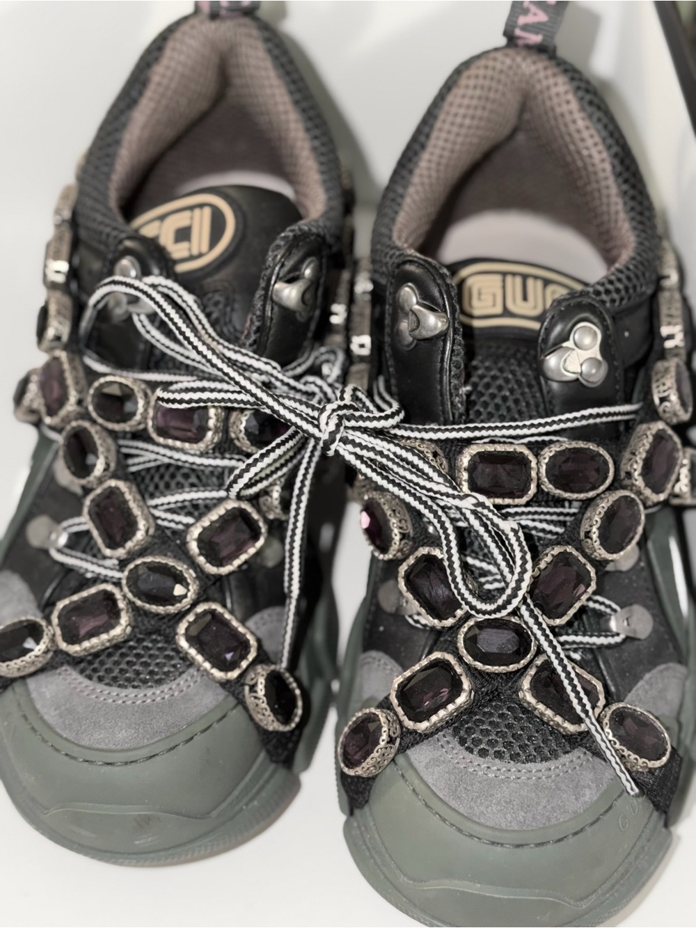 Gucci Black Gray Green Gem-Embellished Sneakers